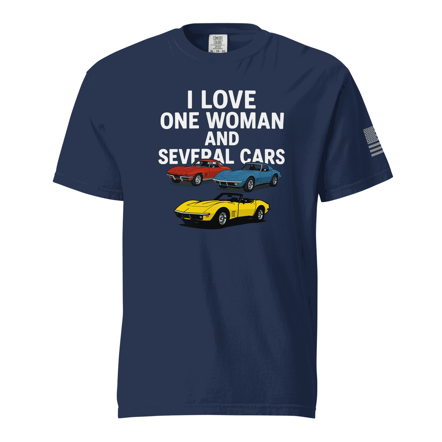 Funny t-shirt navy blue with "I love one woman and several cars" text and colorful car illustrations