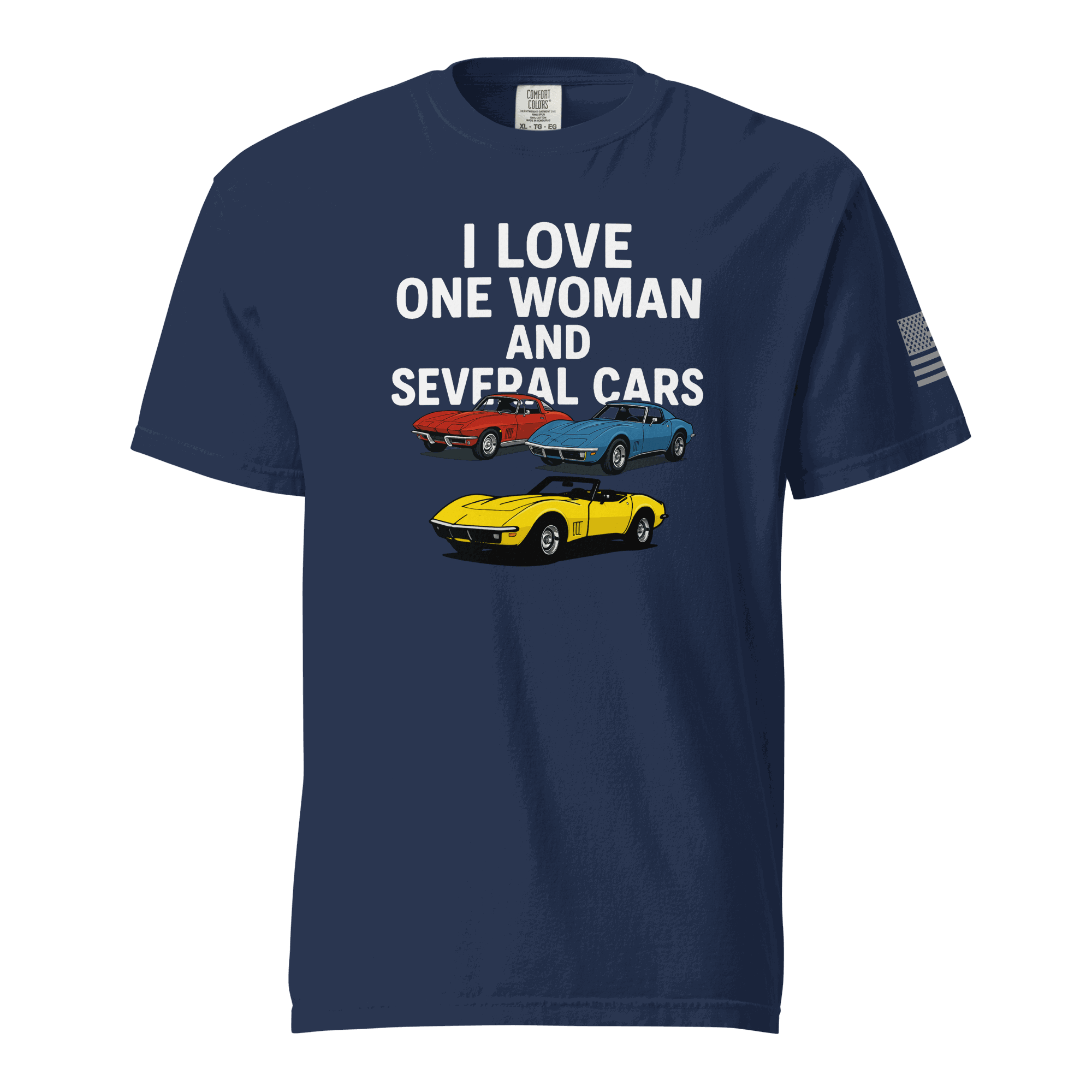 Funny t-shirt navy blue with "I love one woman and several cars" text and colorful car illustrations