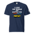 Funny t-shirt navy blue with "I love one woman and several cars" text and colorful car illustrations