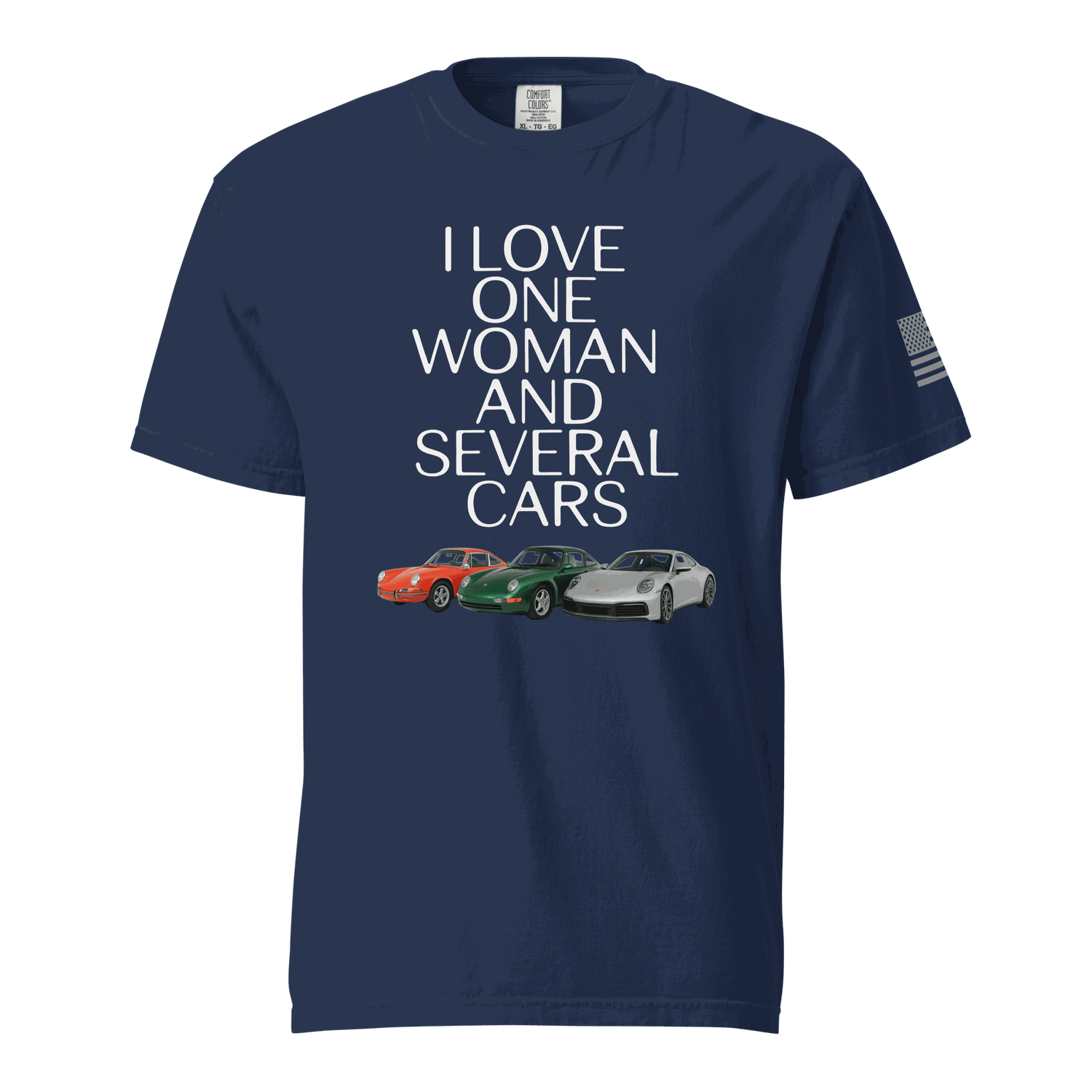 Navy unisex heavyweight cotton t-shirt with &quot;I Love One Woman and Several Cars&quot; text and car graphics