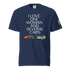 Navy unisex heavyweight cotton t-shirt with "I Love One Woman and Several Cars" text and car graphics