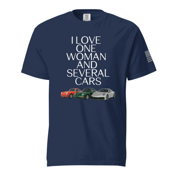 Navy unisex heavyweight cotton t-shirt with "I Love One Woman and Several Cars" text and car graphics