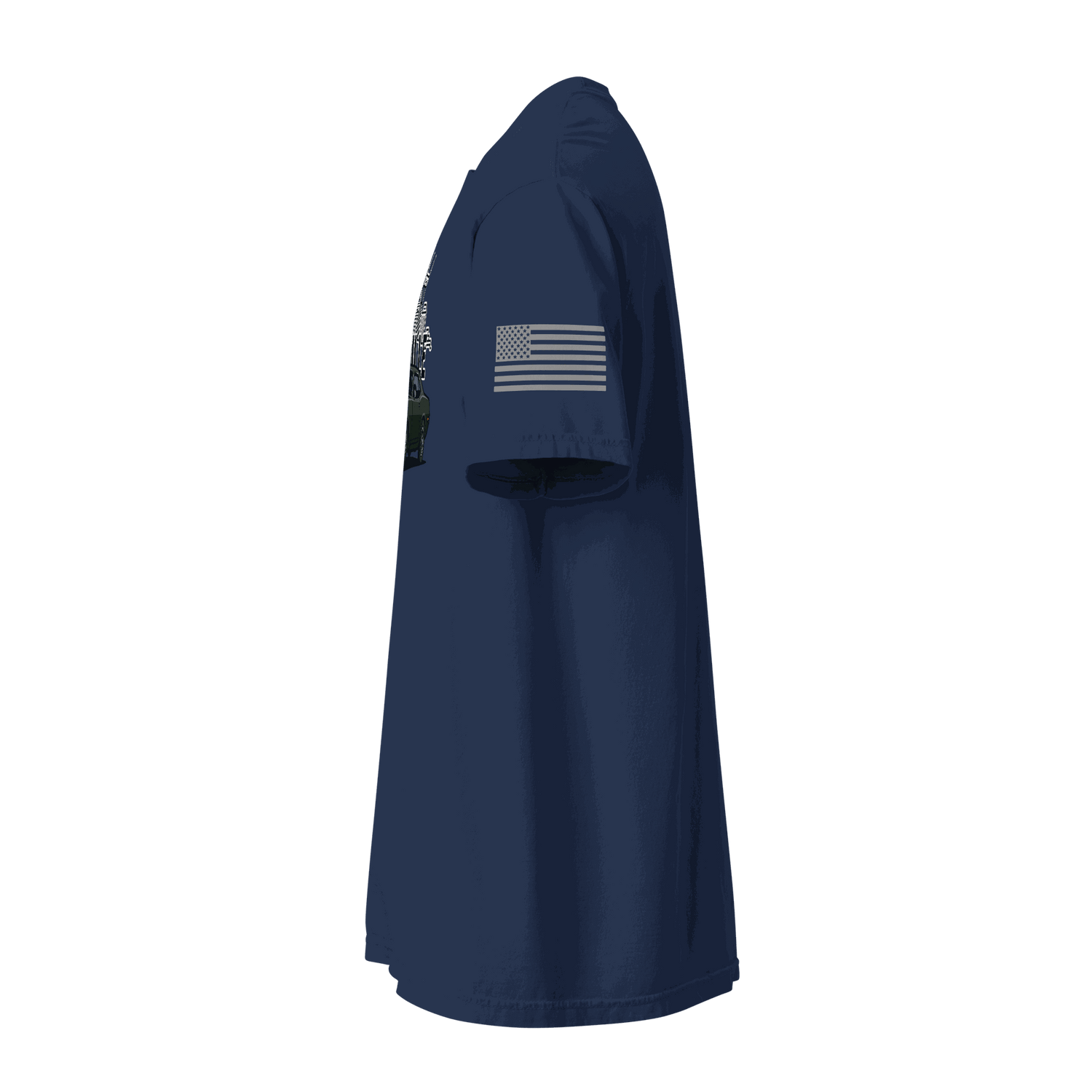 Nashville classic car t-shirt displayed from the side view, featuring a navy blue color and flag design on the sleeve.