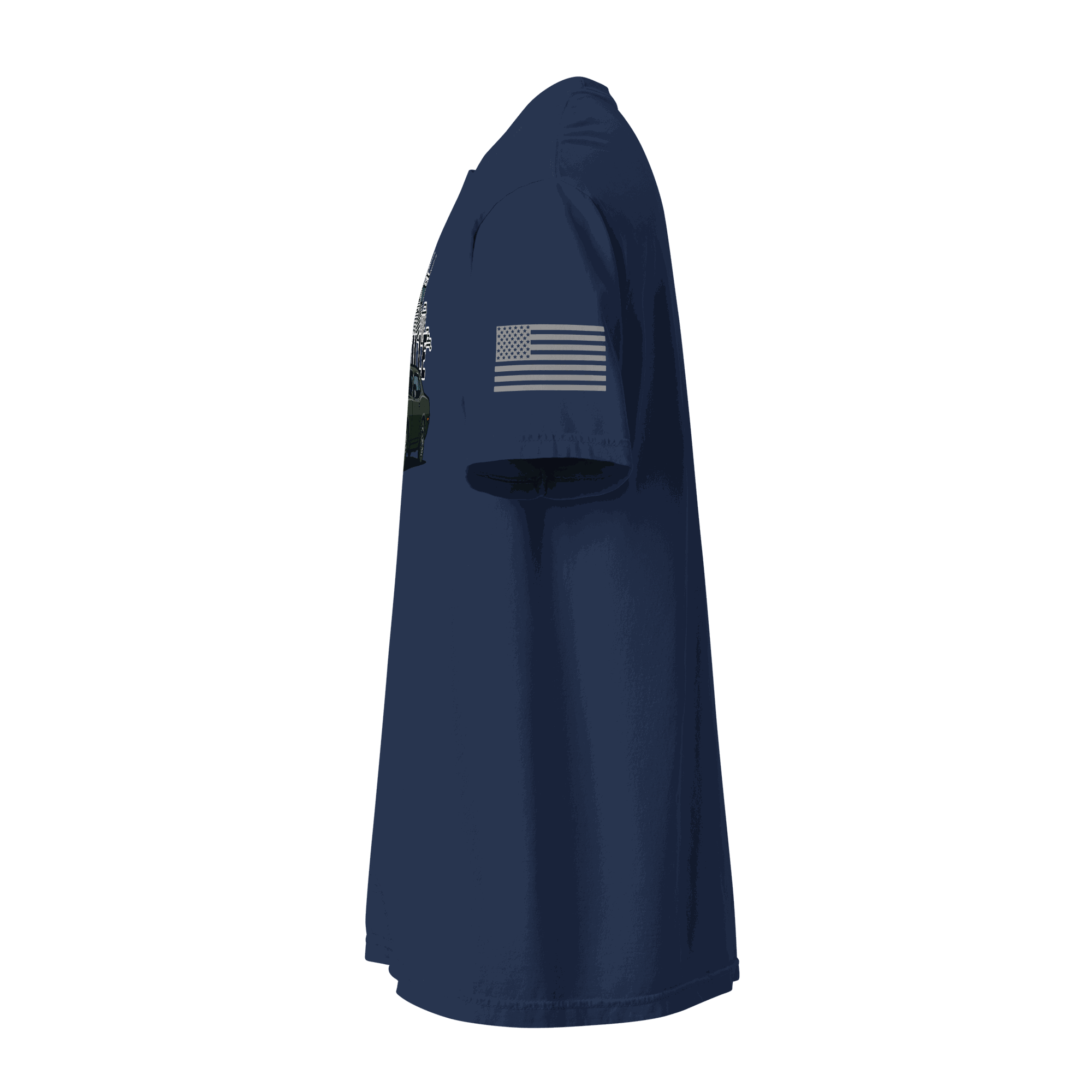 Nashville classic car t-shirt displayed from the side view, featuring a navy blue color and flag design on the sleeve.