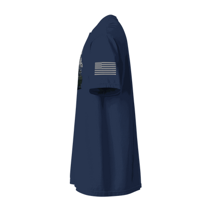 Nashville classic car t-shirt displayed from the side view, featuring a navy blue color and flag design on the sleeve.