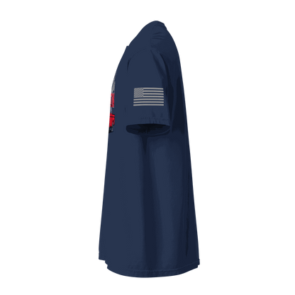 Navy blue Austin Texas t shirt with Keep Austin Weird graphic and American flag on sleeve