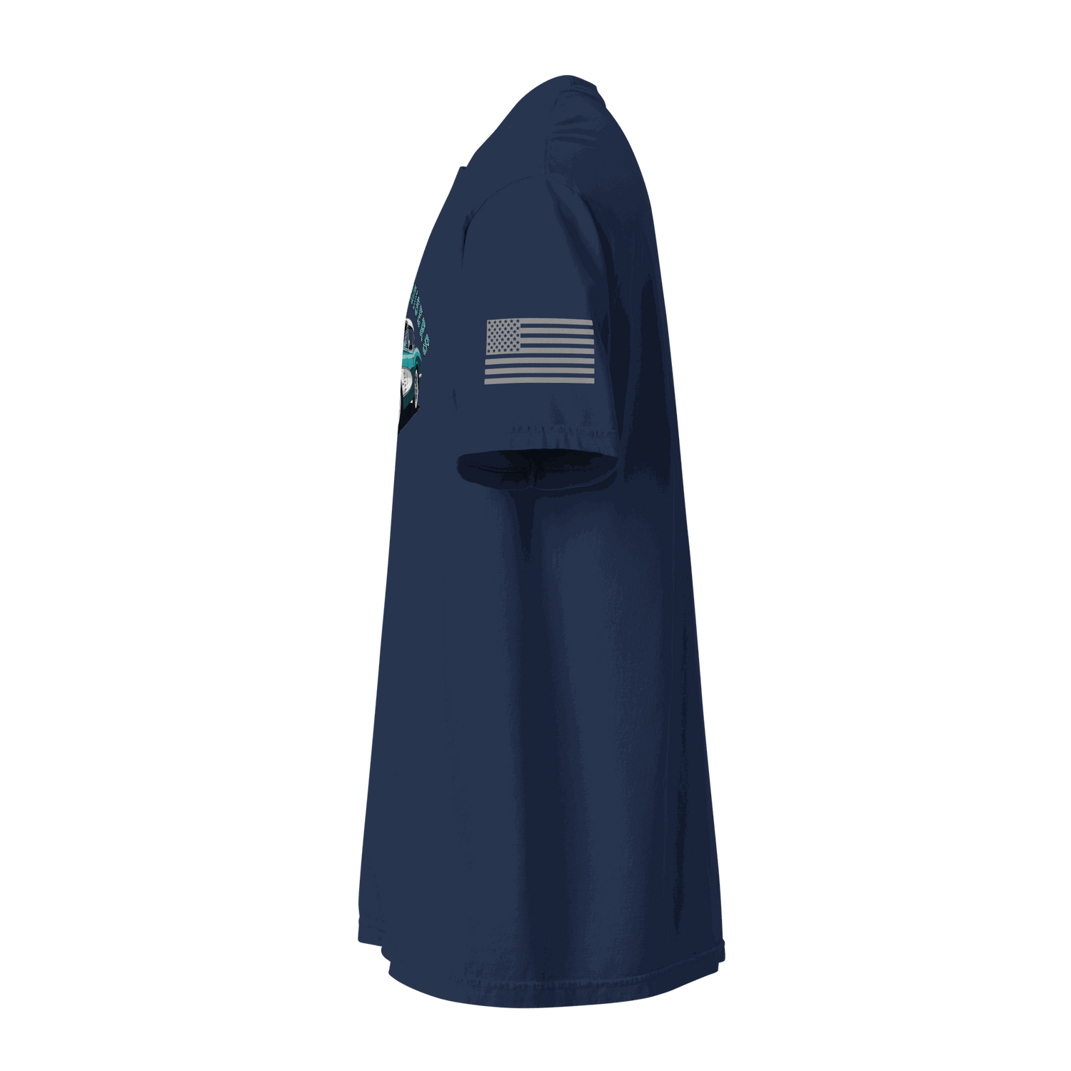 Classic T-shirt in true navy with soft cotton fabric, unisex relaxed fit, and American flag sleeve detail.