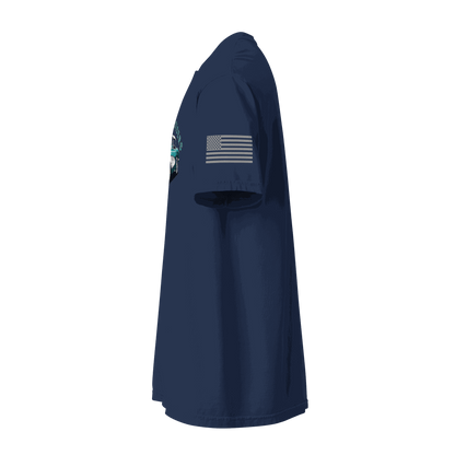 Classic T-shirt in true navy with soft cotton fabric, unisex relaxed fit, and American flag sleeve detail.