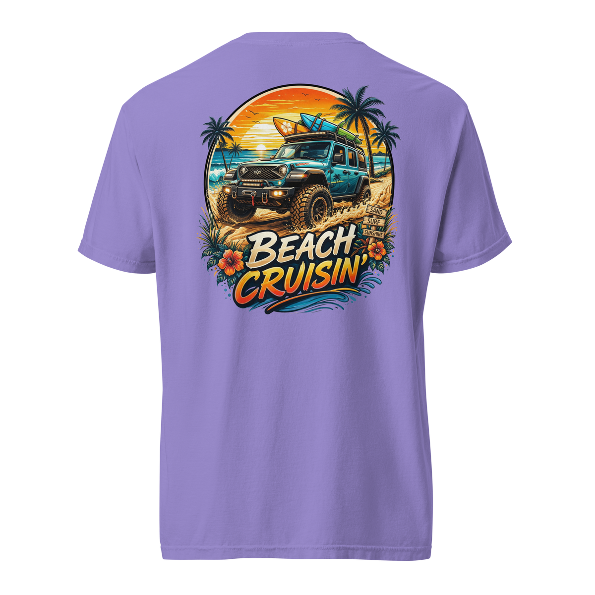 Unisex beach cruisin t-shirt featuring a vibrant graphic of a truck on a beach with palm trees.