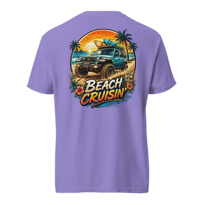 Unisex beach cruisin t-shirt featuring a vibrant graphic of a truck on a beach with palm trees.
