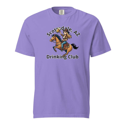 Scottsdale Cowgirl Horse Beer unisex heavyweight purple t-shirt with cowgirl riding horse and beer graphic