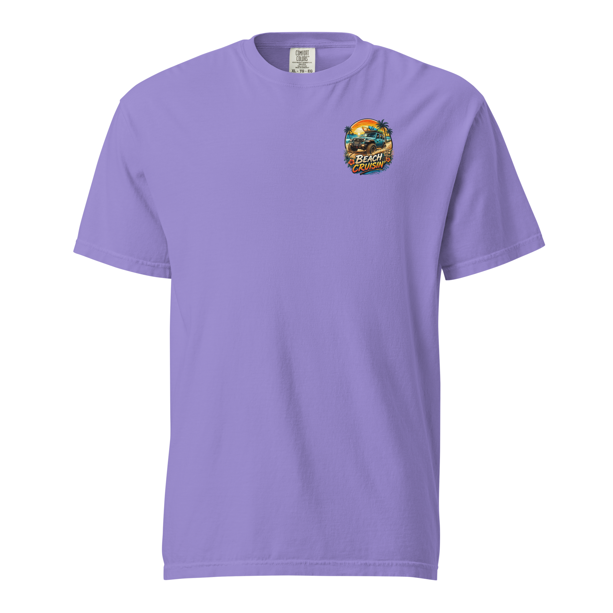 Unisex beach cruisin t-shirt in lavender with a colorful beach graphic on the front.
