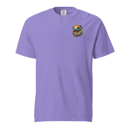 Unisex beach cruisin t-shirt in lavender with a colorful beach graphic on the front.