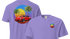 Purple t-shirt with a red convertible car and palm tree design on a white background