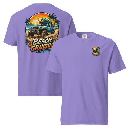 Unisex beach cruisin t-shirt featuring a vibrant beach scene and off-road vehicle design on a purple fabric.