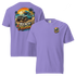 Unisex beach cruisin t-shirt featuring a vibrant beach scene and off-road vehicle design on a purple fabric.