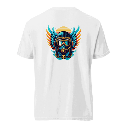 White t-shirt with blue and orange flight helmet graphic on back