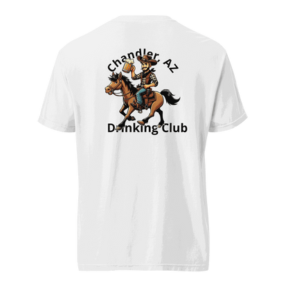 White Custom City Cowboy Horse Beer unisex heavyweight t-shirt with cowboy on horse graphic and &quot;Chandler AZ Drinking Club&quot; text.