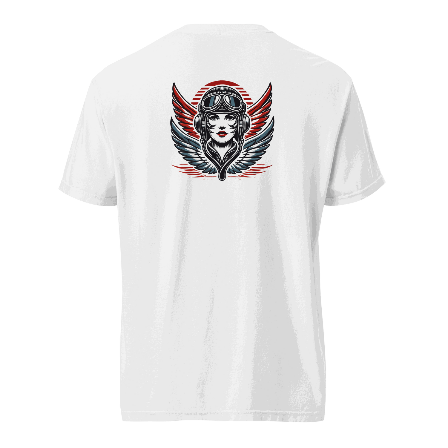 White t-shirt featuring a female wings helmet graphic on the back, made of 100% ring-spun cotton with a relaxed fit.