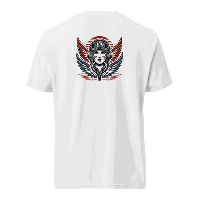 White t-shirt featuring a female wings helmet graphic on the back, made of 100% ring-spun cotton with a relaxed fit.