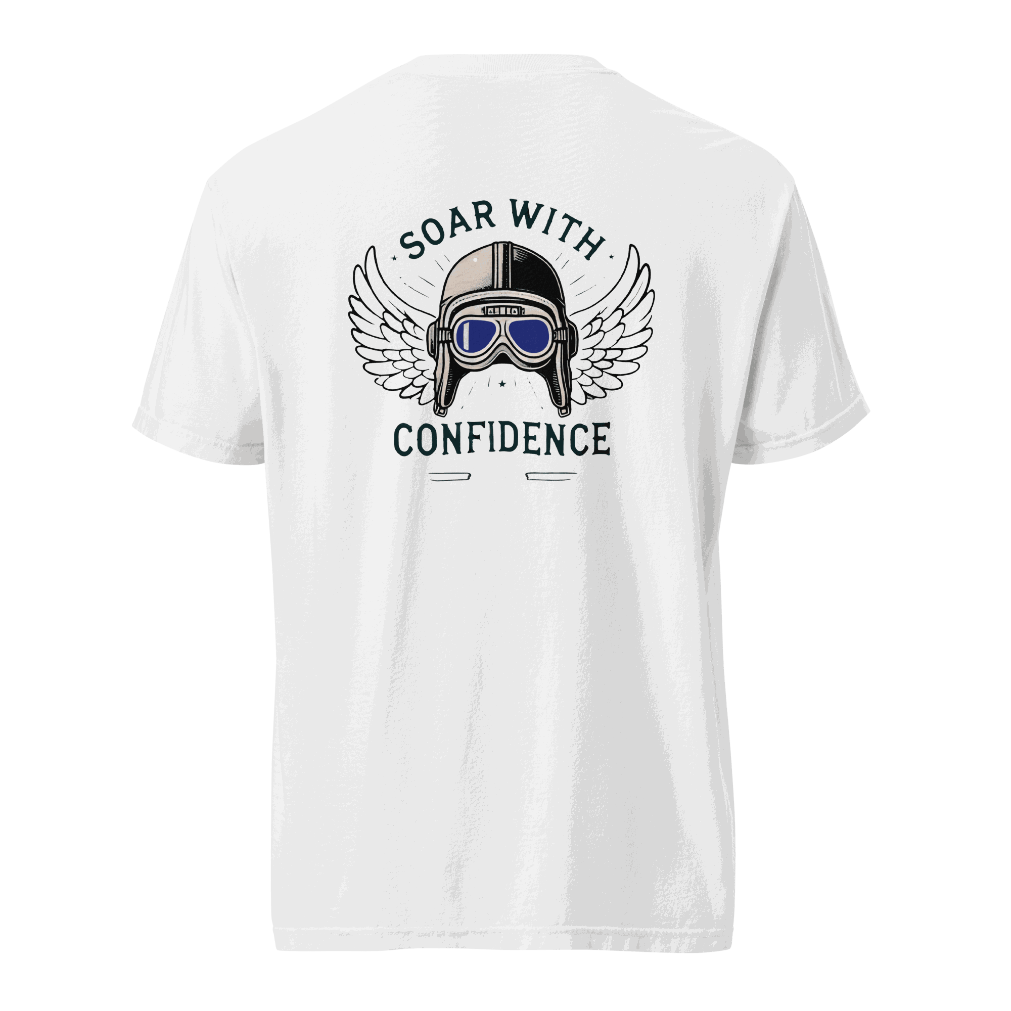 White Flying Machine t shirt with blue goggles and wings graphic design on the back