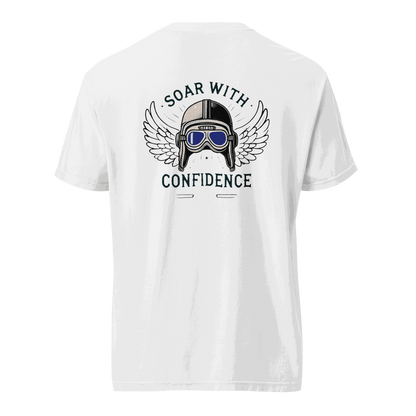 White Flying Machine t shirt with blue goggles and wings graphic design on the back