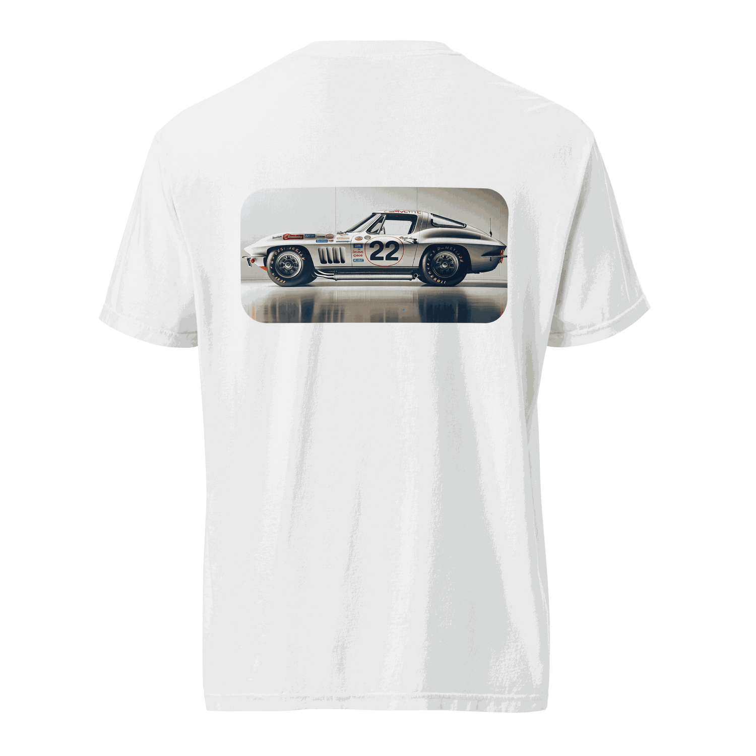 White Heritage Classic Car t-shirt with vintage racing car graphic on back, made of 100% ring-spun cotton