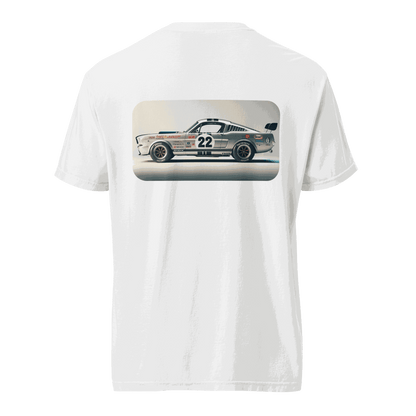 White Heritage Mustang Back T-shirt featuring a classic race car graphic on the back, made of 100% ring-spun cotton with a relaxed fit.