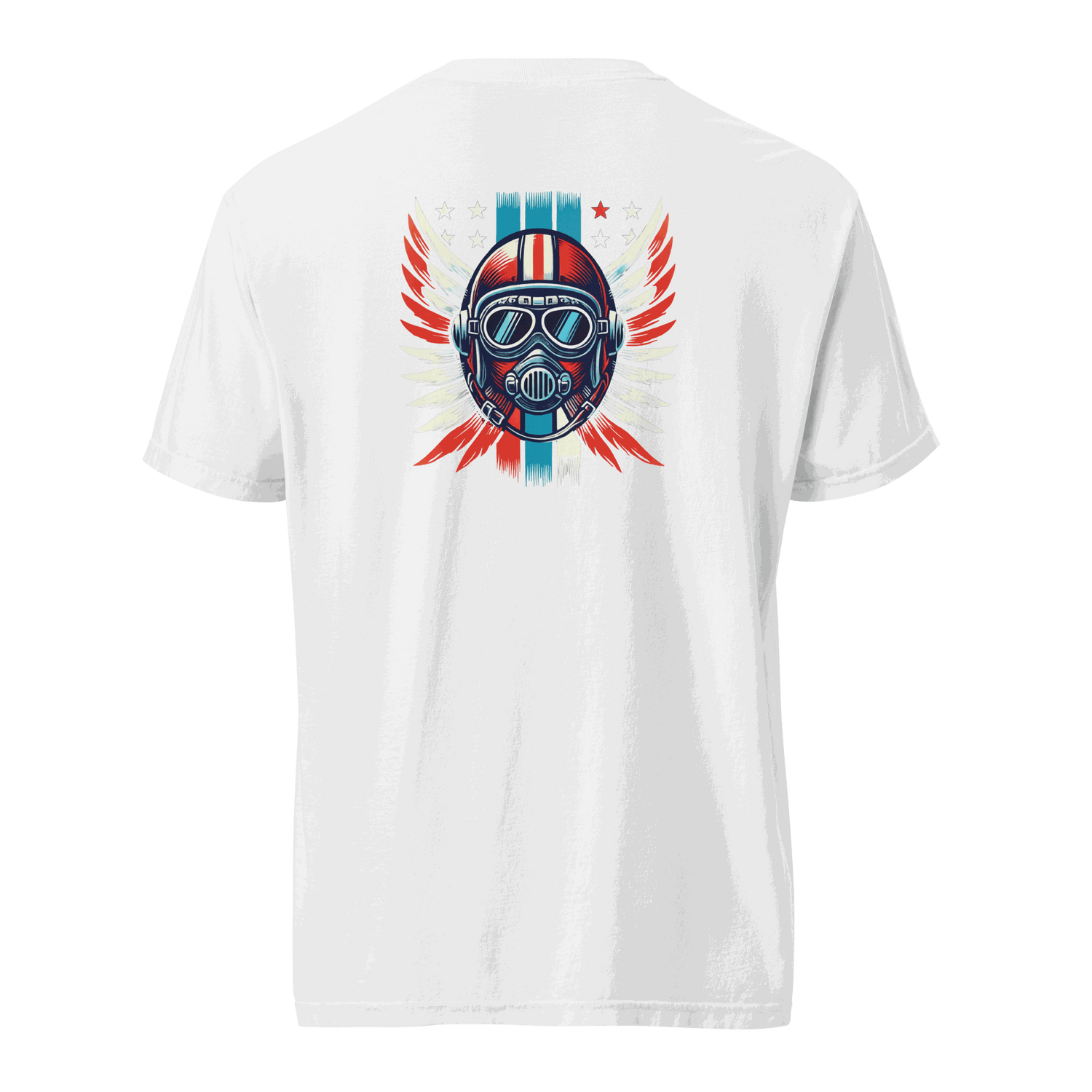White heavyweight unisex t-shirt with red, white, and blue helmet graphic on back