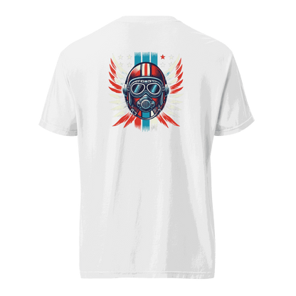 White heavyweight unisex t-shirt with red, white, and blue helmet graphic on back