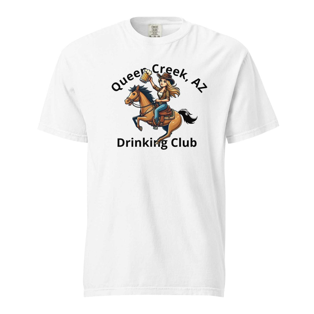 Queen Creek AZ Drinking Club unisex heavyweight t-shirt made of 100% ring-spun cotton with relaxed fit and durable double-needle stitching