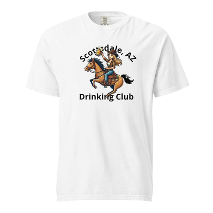White Scottsdale Cowgirl Horse Beer unisex heavyweight t-shirt with cowboy riding horse graphic and text design