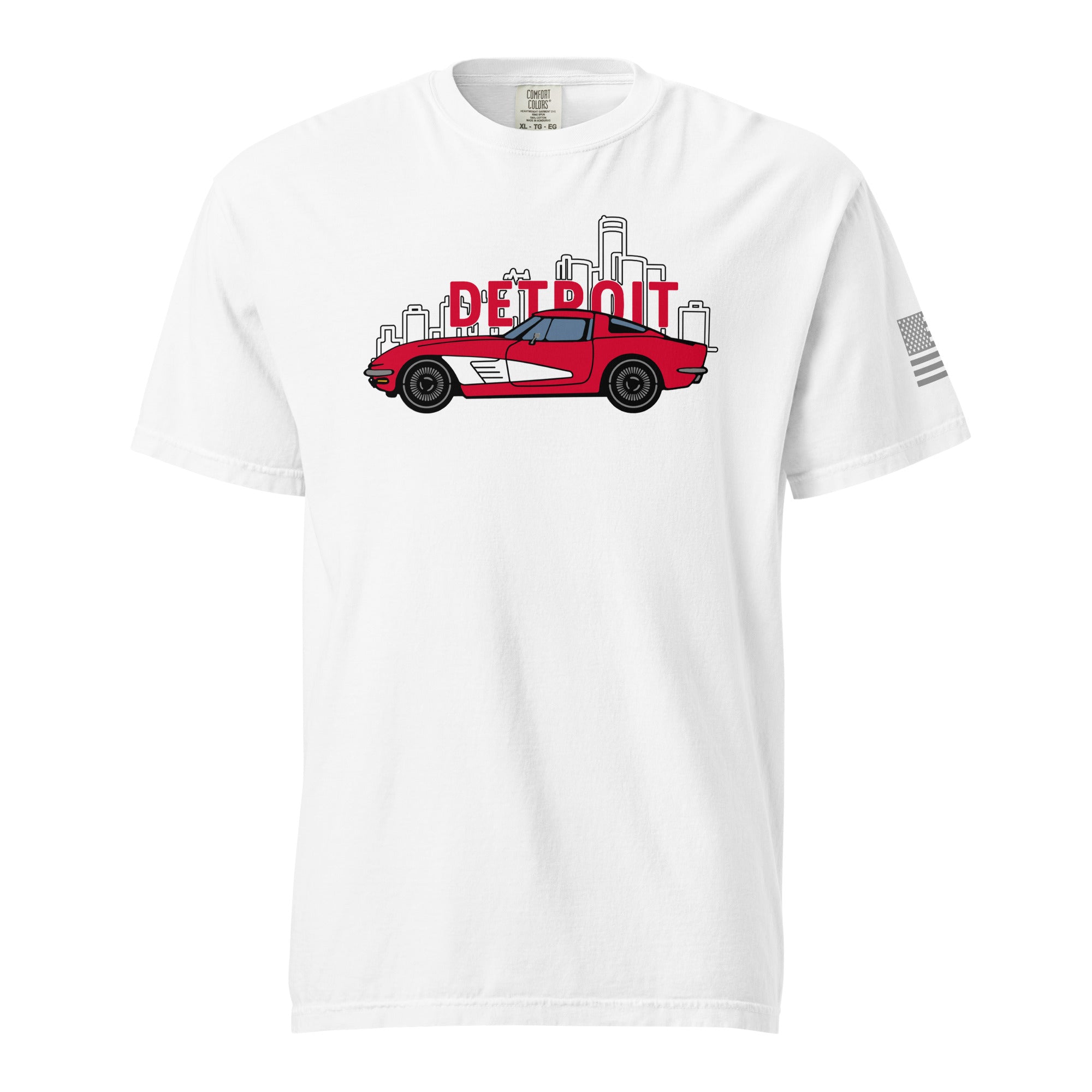 Detroit Corvette T-Shirt design featuring a red classic sports car in front of the Detroit skyline – perfect for Michigan car lovers and Motor City enthusiasts