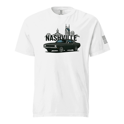 Nashville classic car t-shirt featuring a sleek car design and skyline on a white heavyweight tee.