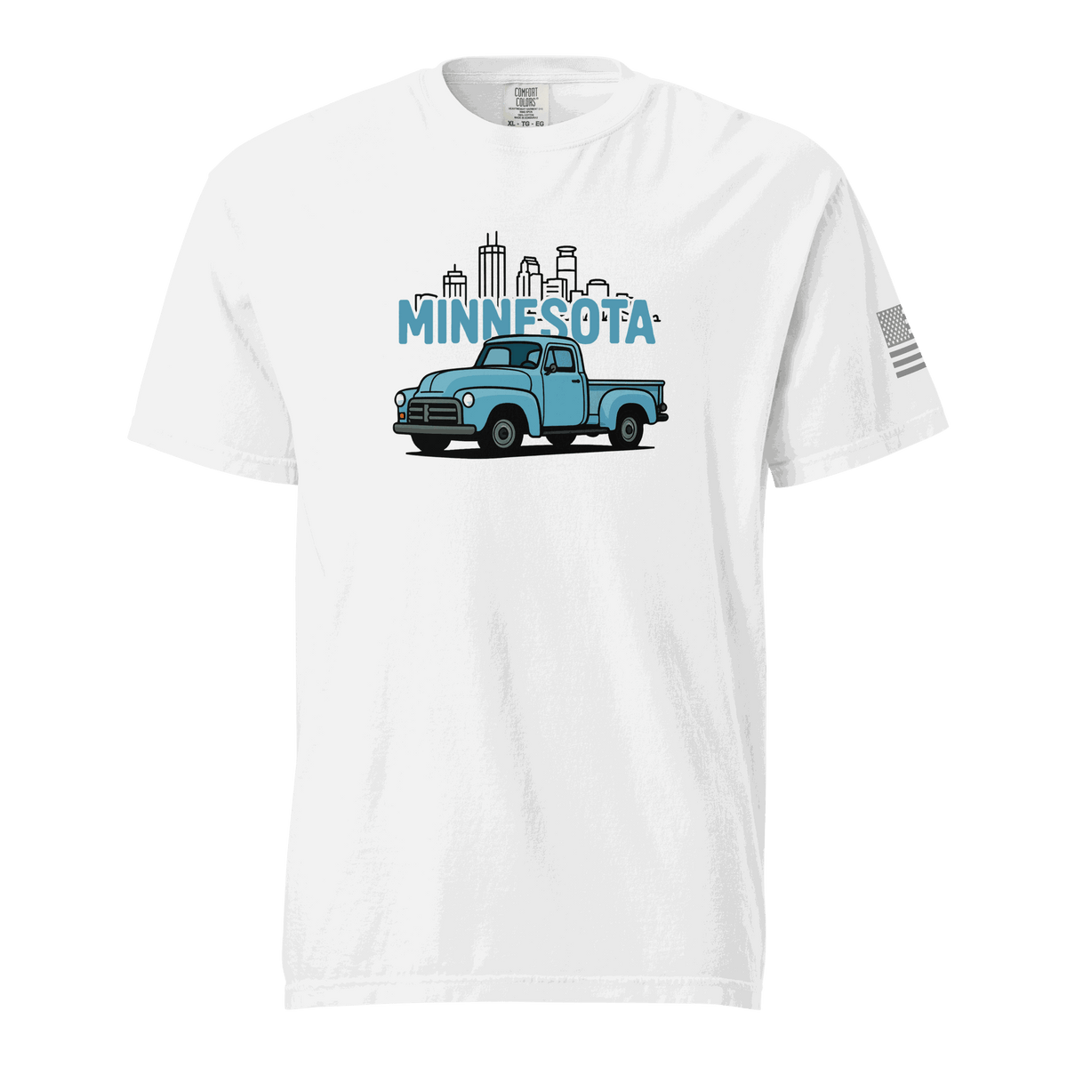 White Minnesota classic truck t-shirt with vintage blue truck and city skyline design