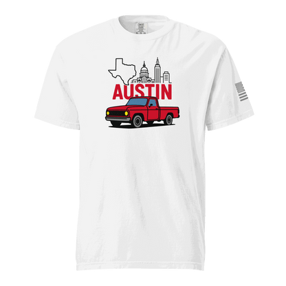 Austin Texas t shirt with vintage truck and Austin skyline graphic on white cotton tee
