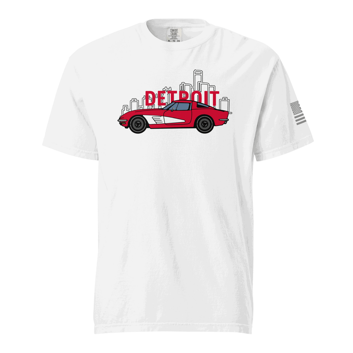White Detroit Corvette T-Shirt with red classic car and Detroit skyline graphic front design