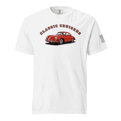 White Varsity Sports Car t-shirt with Classic Cruisers red vintage car design on front