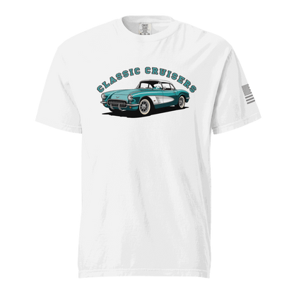 White classic t-shirt with classic cruisers vintage car graphic and soft cotton fabric