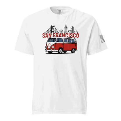 White vintage San Francisco T-shirt with red classic van and city skyline design