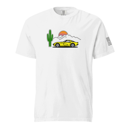 Vintage T-Shirt Sunset T-Shirt with yellow corvette and mountain sunset