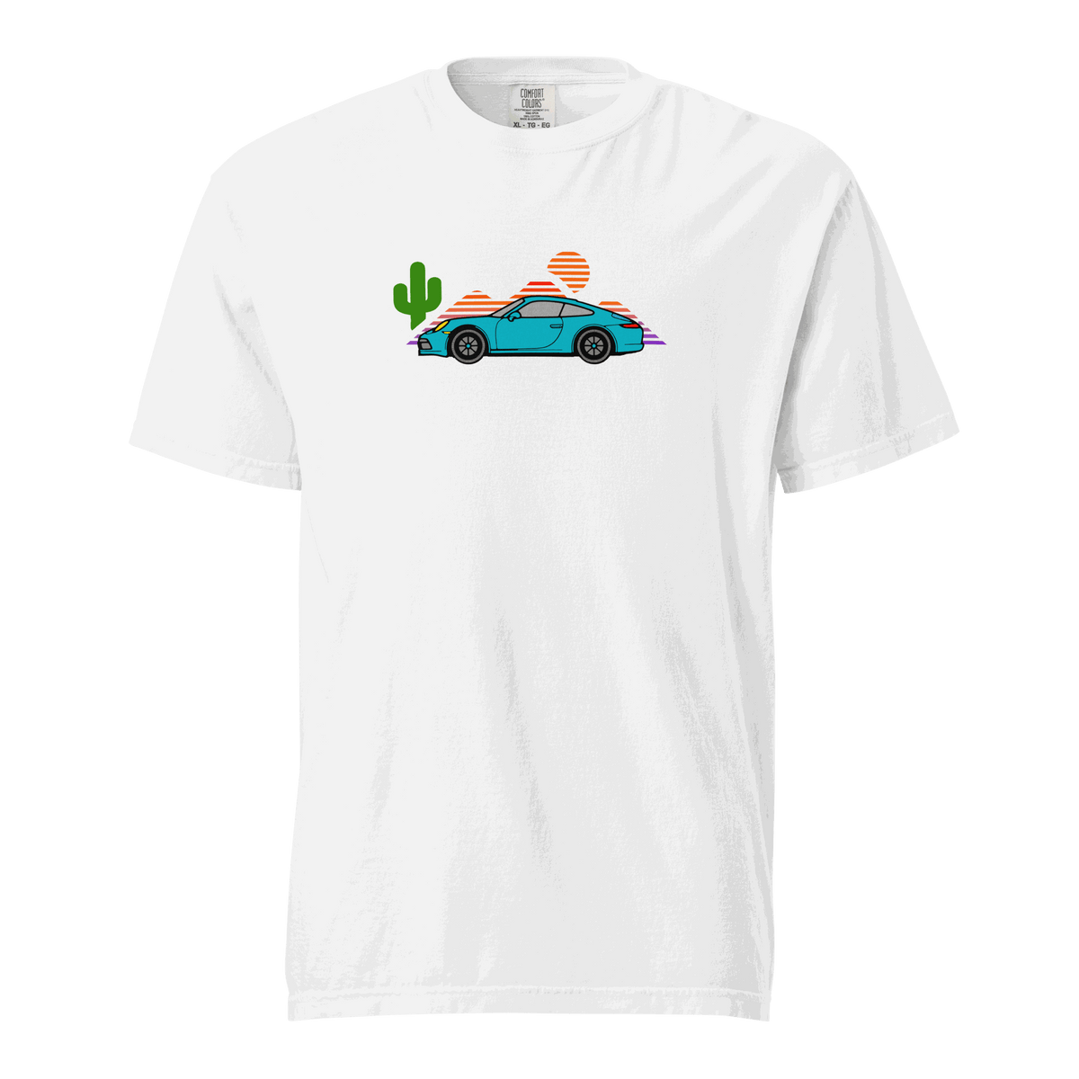 Sports car sunset graphic on soft, durable t-shirt with relaxed fit and sunset hues