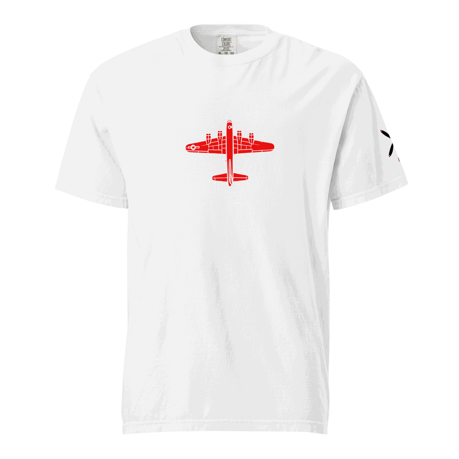 WW2 T-shirt White thick structured tee with red bomber airplane graphic on front and black logo on sleeve