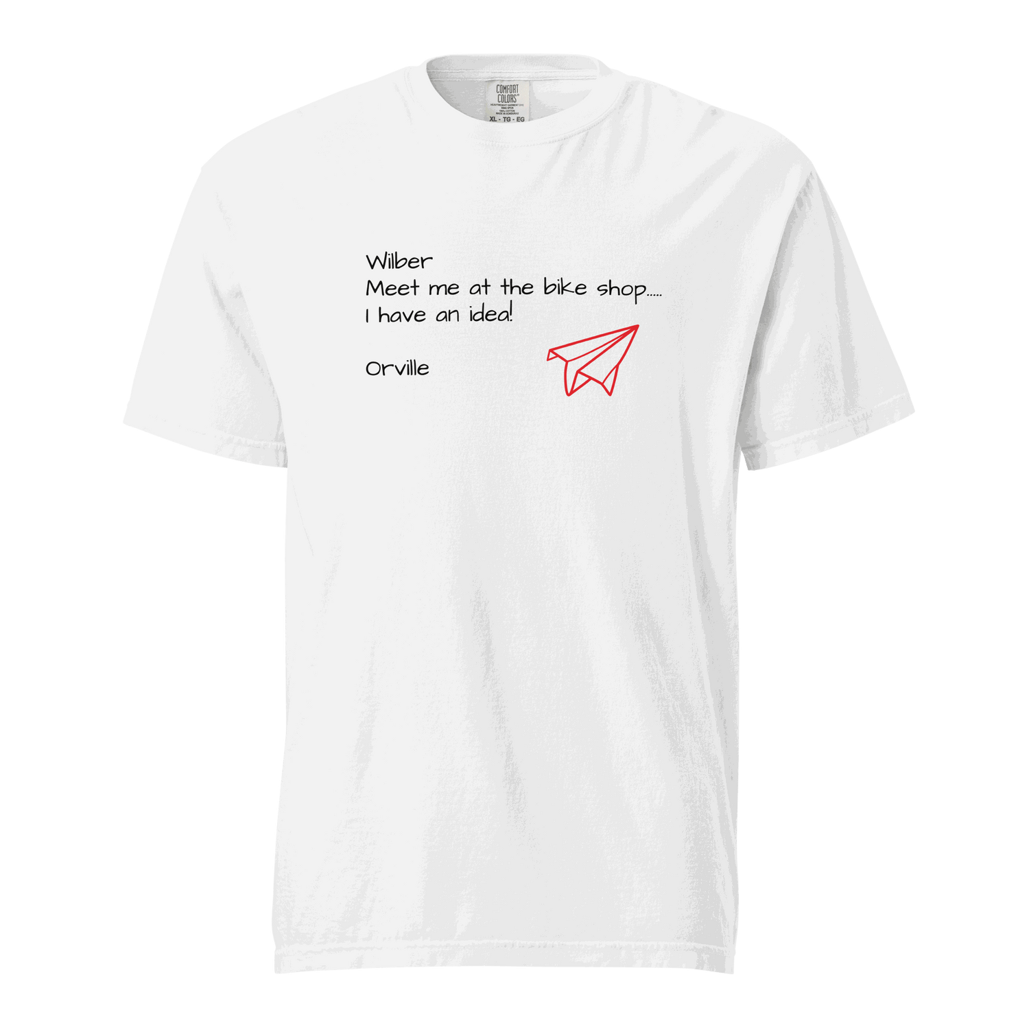 Bike Shop Wilbur white unisex t-shirt with red paper airplane graphic and text design made of 100% ring-spun cotton