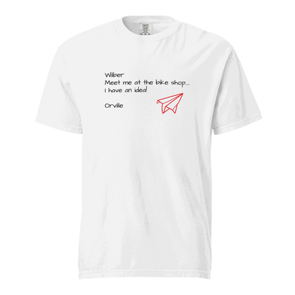 Bike Shop Wilbur white unisex t-shirt with red paper airplane graphic and text design made of 100% ring-spun cotton