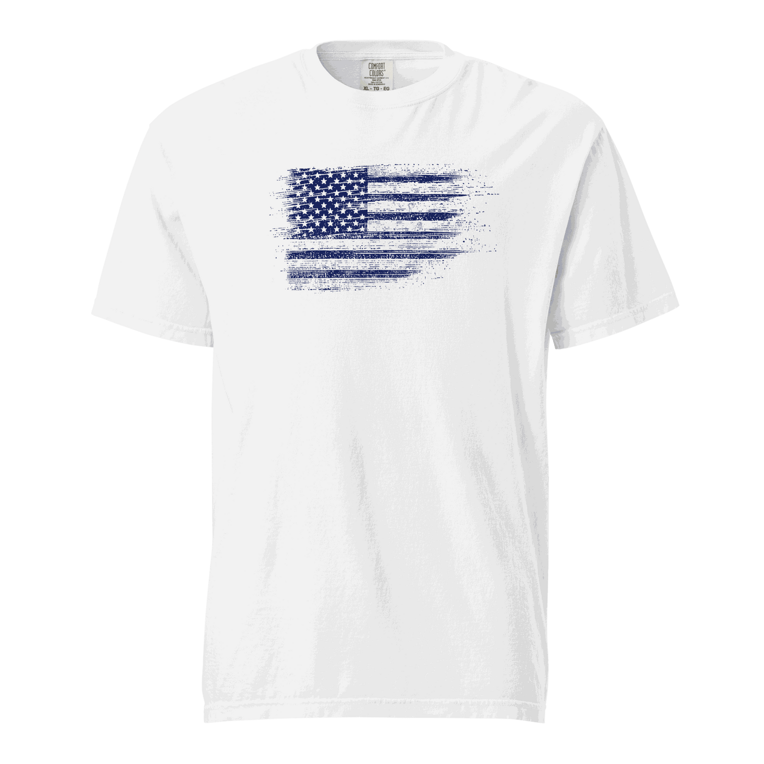 White unisex heavyweight t-shirt with distressed USA flag graphic and garment-dyed cotton fabric