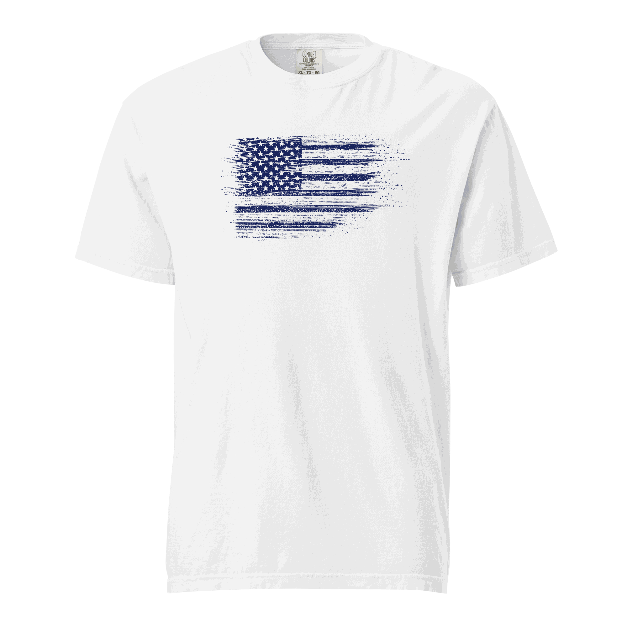 White unisex heavyweight t-shirt with distressed USA flag graphic and garment-dyed cotton fabric