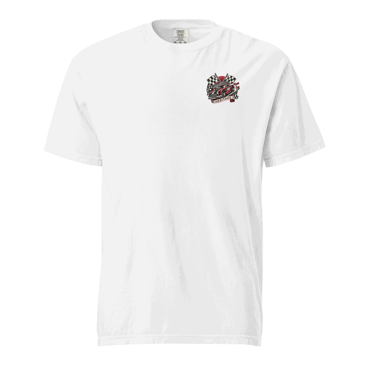White Heritage Classic Car t-shirt with vintage car and checkered flags design on chest, made of 100% ring-spun cotton.