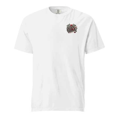 White Heritage Classic Car t-shirt with vintage car and checkered flags design on chest, made of 100% ring-spun cotton.