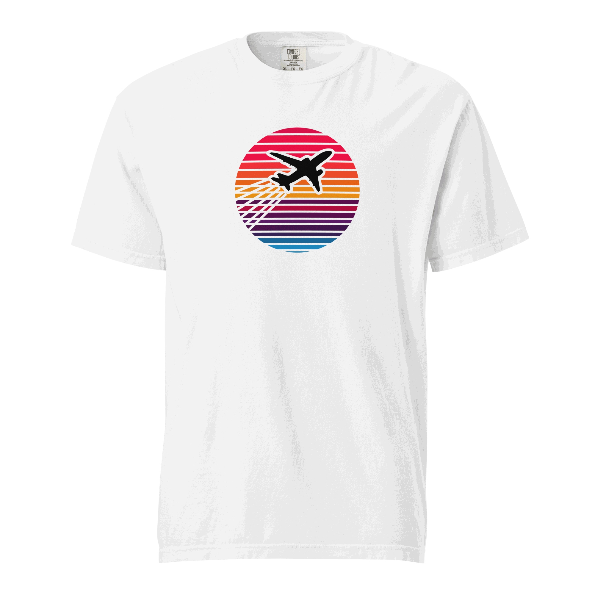 White Sunset Flight unisex heavyweight t-shirt with airplane silhouette and sunset stripes design